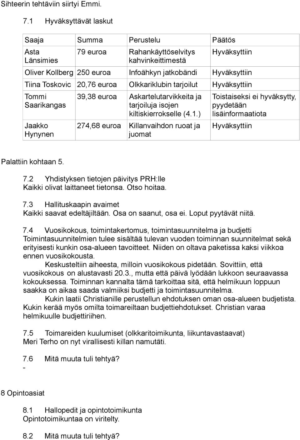 Toskovic 20,76 euroa Olkkariklubin tarjoilut Hyväksyttiin Tommi Saarikangas Jaakko Hynynen 39,38 euroa Askartelutarvikkeita ja tarjoiluja isojen kiltiskierrokselle (4.1.