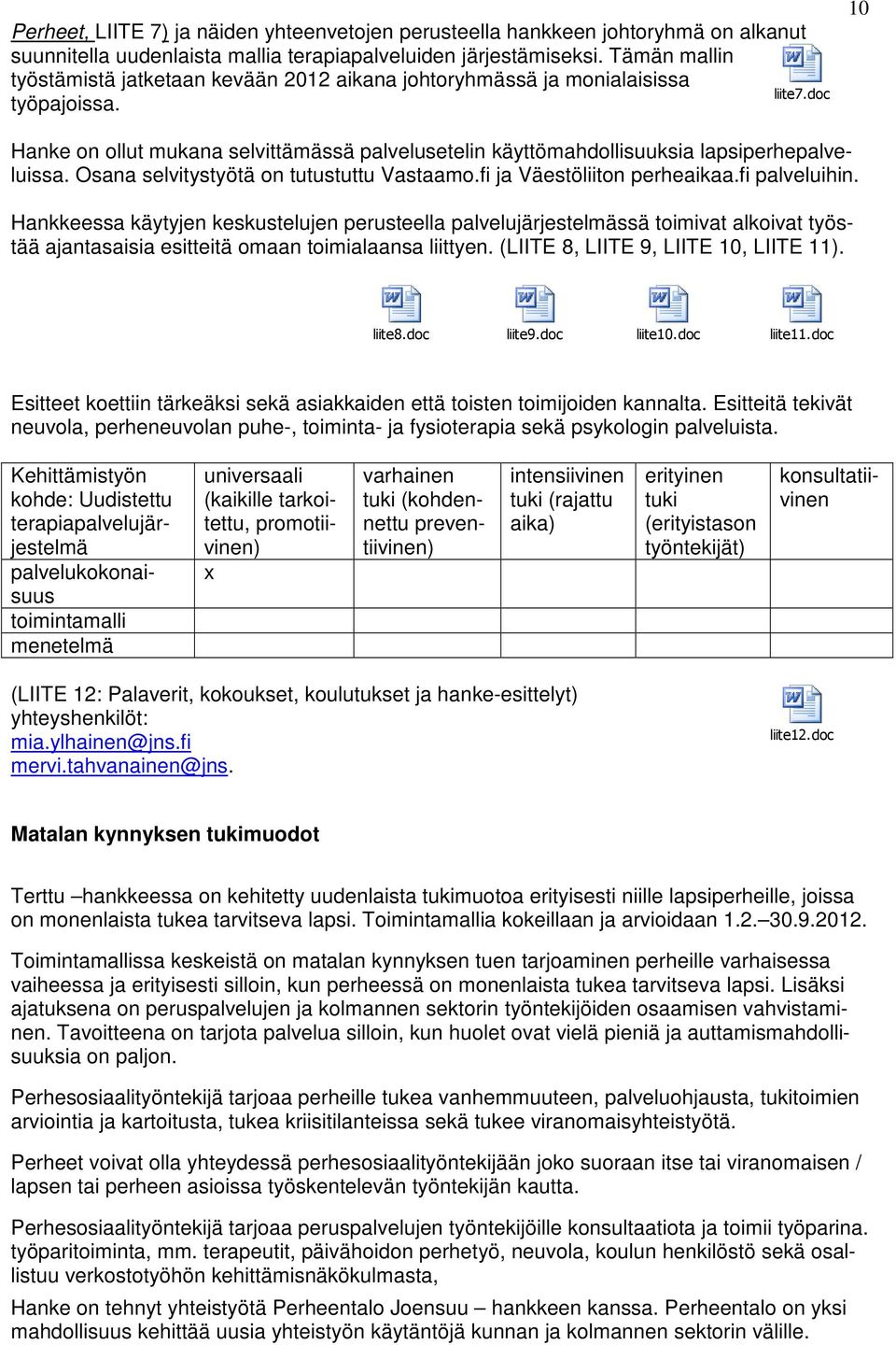 doc 10 Hanke on ollut mukana selvittämässä palvelusetelin käyttömahdollisuuksia lapsiperhepalveluissa. Osana selvitystyötä on tutustuttu Vastaamo.fi ja Väestöliiton perheaikaa.fi palveluihin.