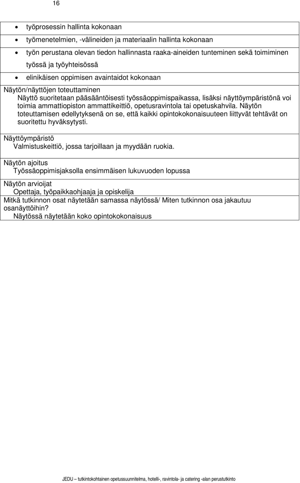 ammattikeittiö, opetusravintola tai opetuskahvila. Näytön toteuttamisen edellytyksenä on se, että kaikki opintokokonaisuuteen liittyvät tehtävät on suoritettu hyväksytysti.