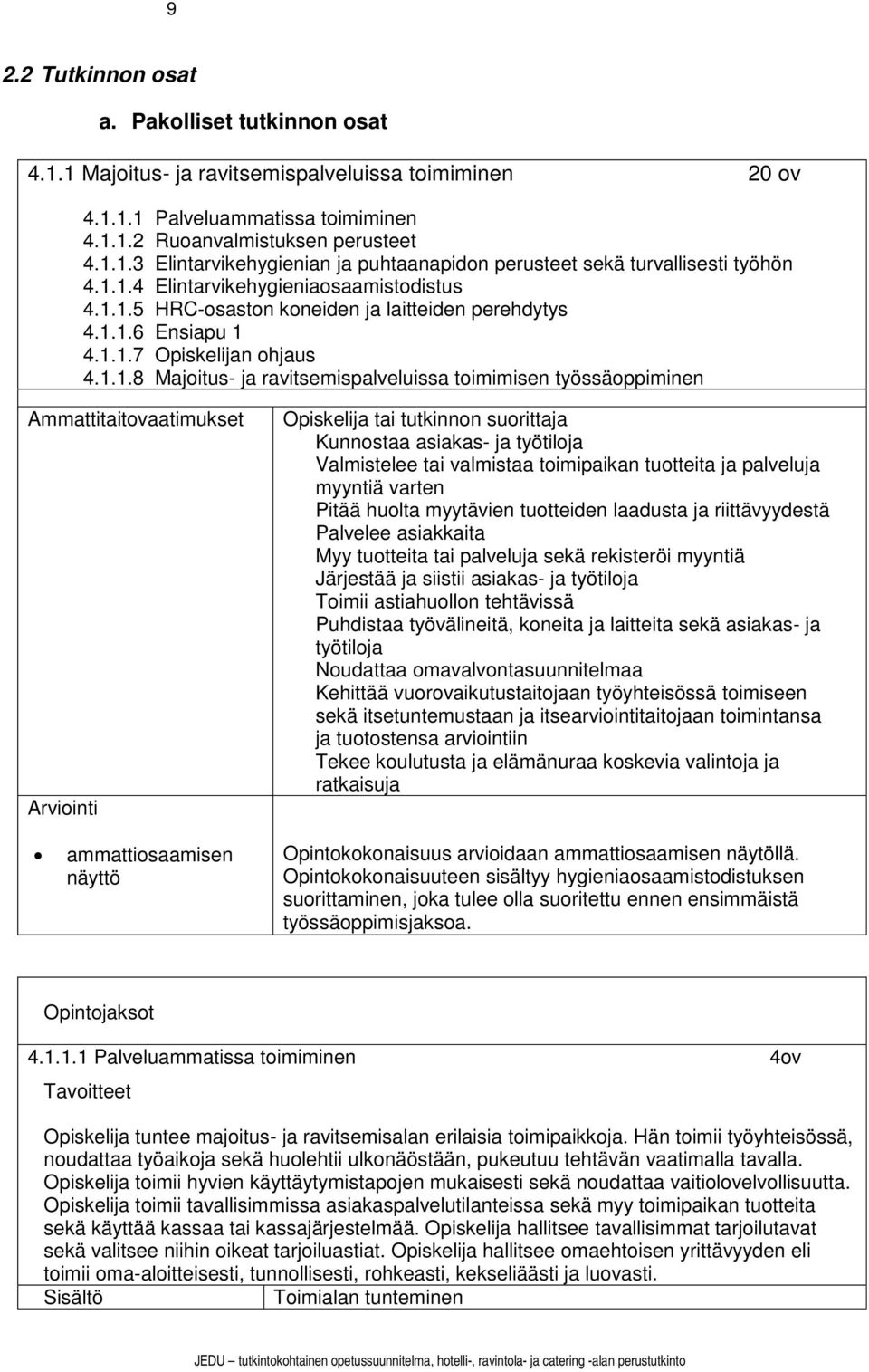 työssäoppiminen Ammattitaitovaatimukset Arviointi ammattiosaamisen näyttö Opiskelija tai tutkinnon suorittaja Kunnostaa asiakas- ja työtiloja Valmistelee tai valmistaa toimipaikan tuotteita ja