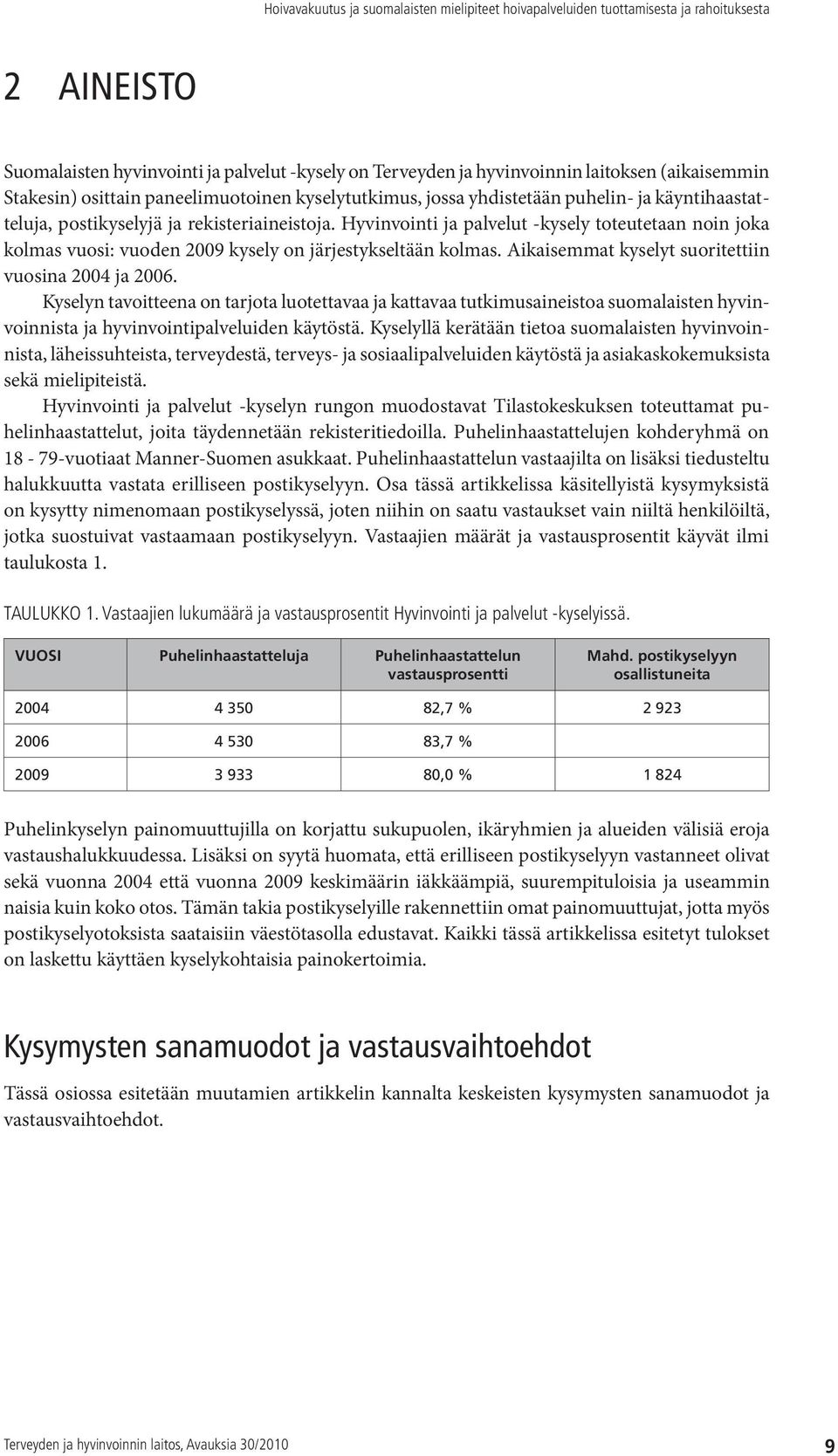 Aikaisemmat kyselyt suoritettiin vuosina 2004 ja 2006. Kyselyn tavoitteena on tarjota luotettavaa ja kattavaa tutkimusaineistoa suomalaisten hyvinvoinnista ja hyvinvointipalveluiden käytöstä.