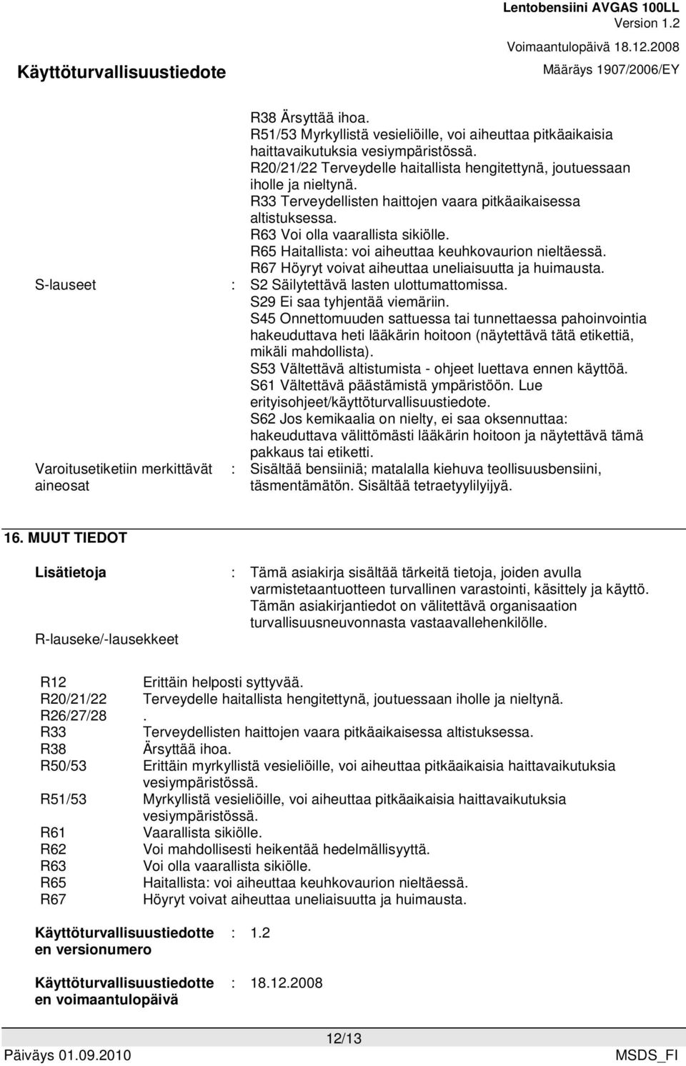 R65 Haitallista: voi aiheuttaa keuhkovaurion nieltäessä. R67 Höyryt voivat aiheuttaa uneliaisuutta ja huimausta. : S2 Säilytettävä lasten ulottumattomissa. S29 Ei saa tyhjentää viemäriin.