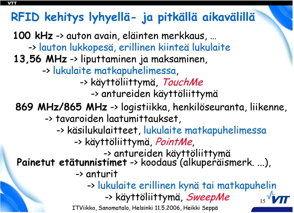 henkilöseuranta, liikenne, -> tavaroiden laatumittaukset, -> käsilukulaitteet, lukulaite matkapuhelimessa -> käyttöliittymä, PointMe, -> antureiden