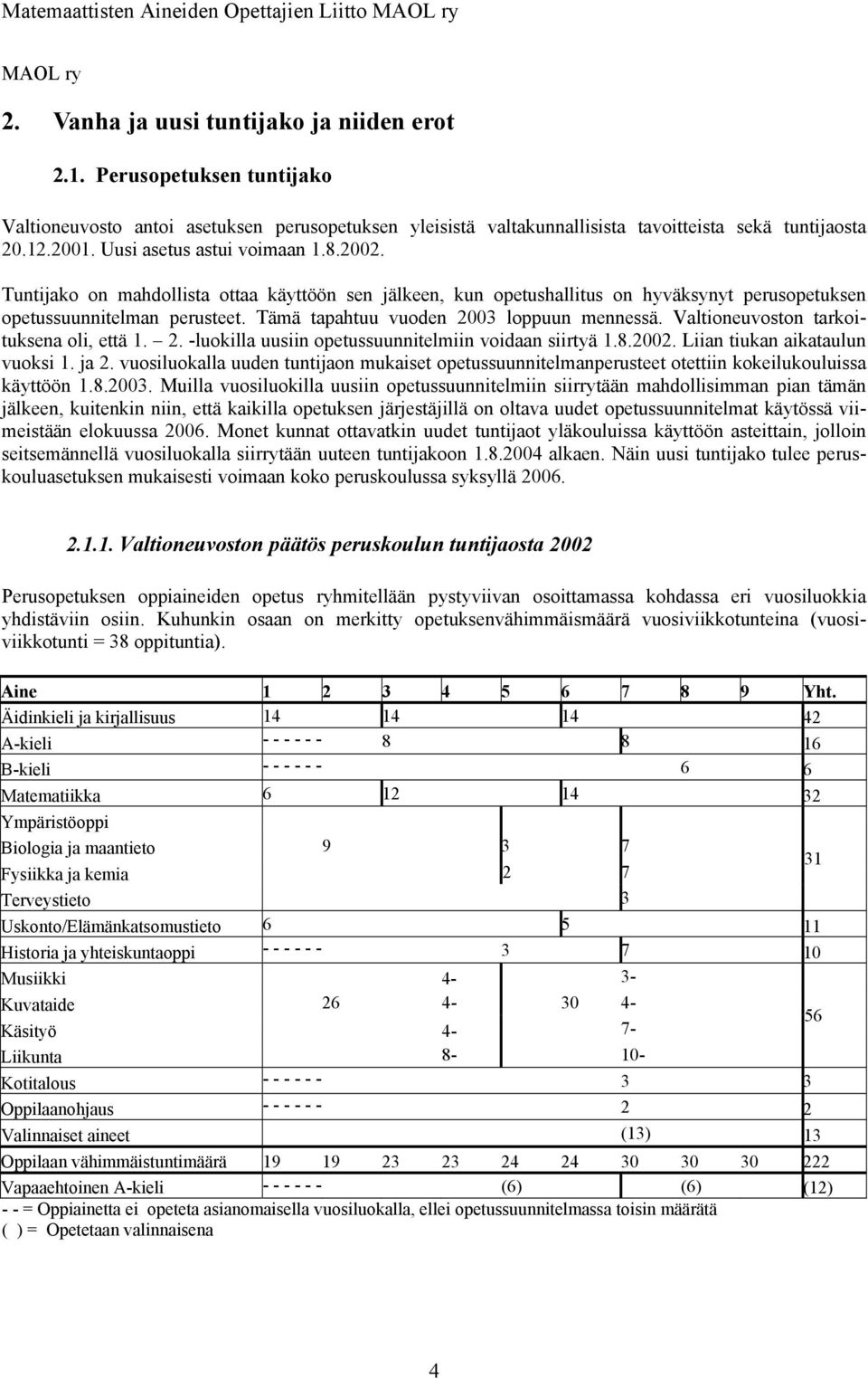 Tämä tapahtuu vuoden 2003 loppuun mennessä. Valtioneuvoston tarkoituksena oli, että 1. 2. -luokilla uusiin opetussuunnitelmiin voidaan siirtyä 1.8.2002. Liian tiukan aikataulun vuoksi 1. ja 2.