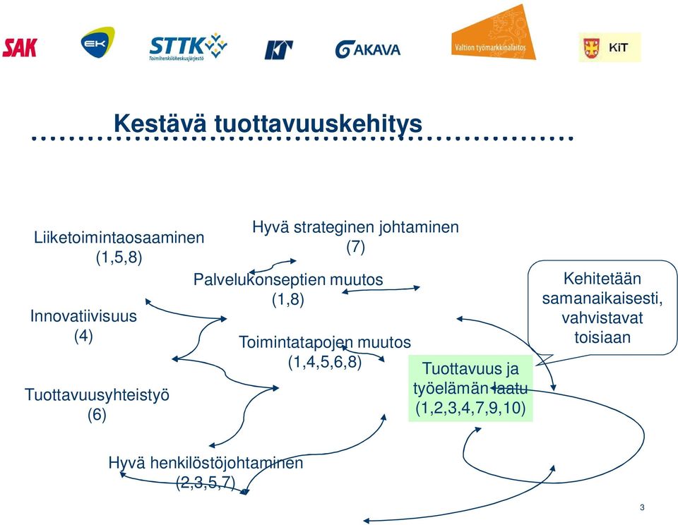 (1,8) Toimintatapojen muutos (1,4,5,6,8) Tuottavuus ja työelämän laatu