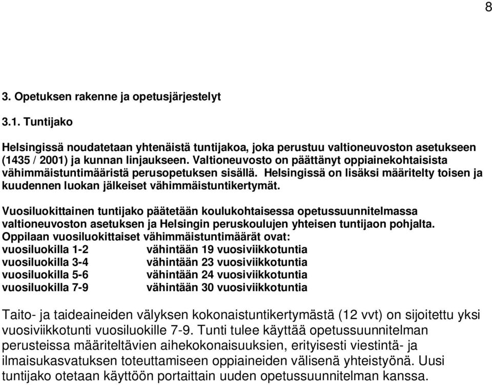 Vuosiluokittainen tuntijako päätetään koulukohtaisessa opetussuunnitelmassa valtioneuvoston asetuksen ja Helsingin peruskoulujen yhteisen tuntijaon pohjalta.