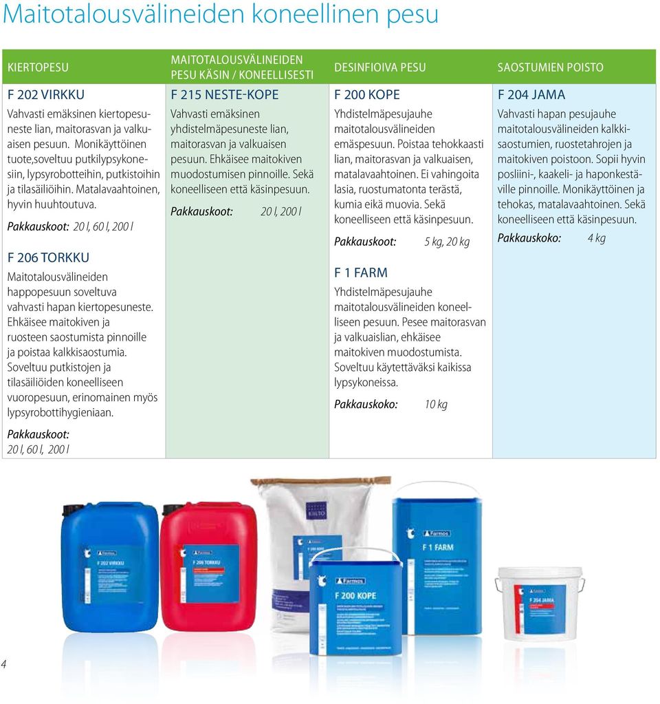 Matalavaahtoinen, hyvin huuhtoutuva. 20 l, 60 l, 200 l F 206 TORKKU Maitotalousvälineiden happopesuun soveltuva vahvasti hapan kiertopesuneste.