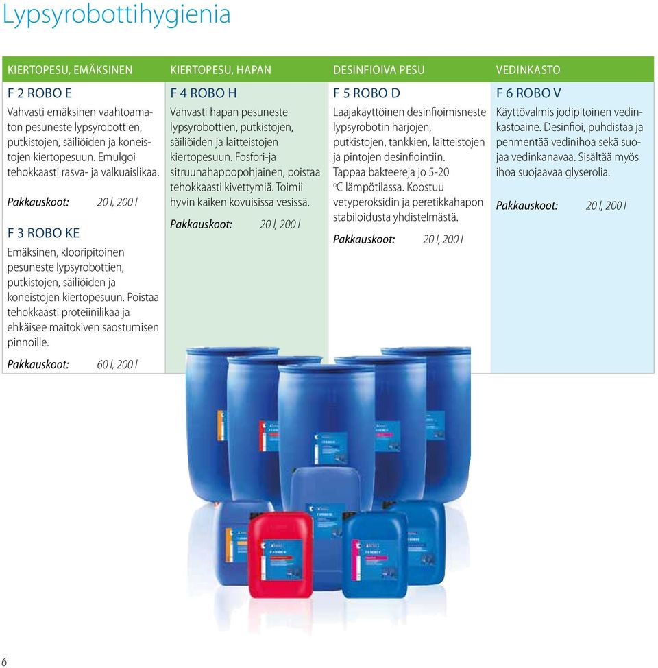 20 l, 200 l F 3 ROBO KE Emäksinen, klooripitoinen pesuneste lypsyrobottien, putkistojen, säiliöiden ja koneistojen kiertopesuun.