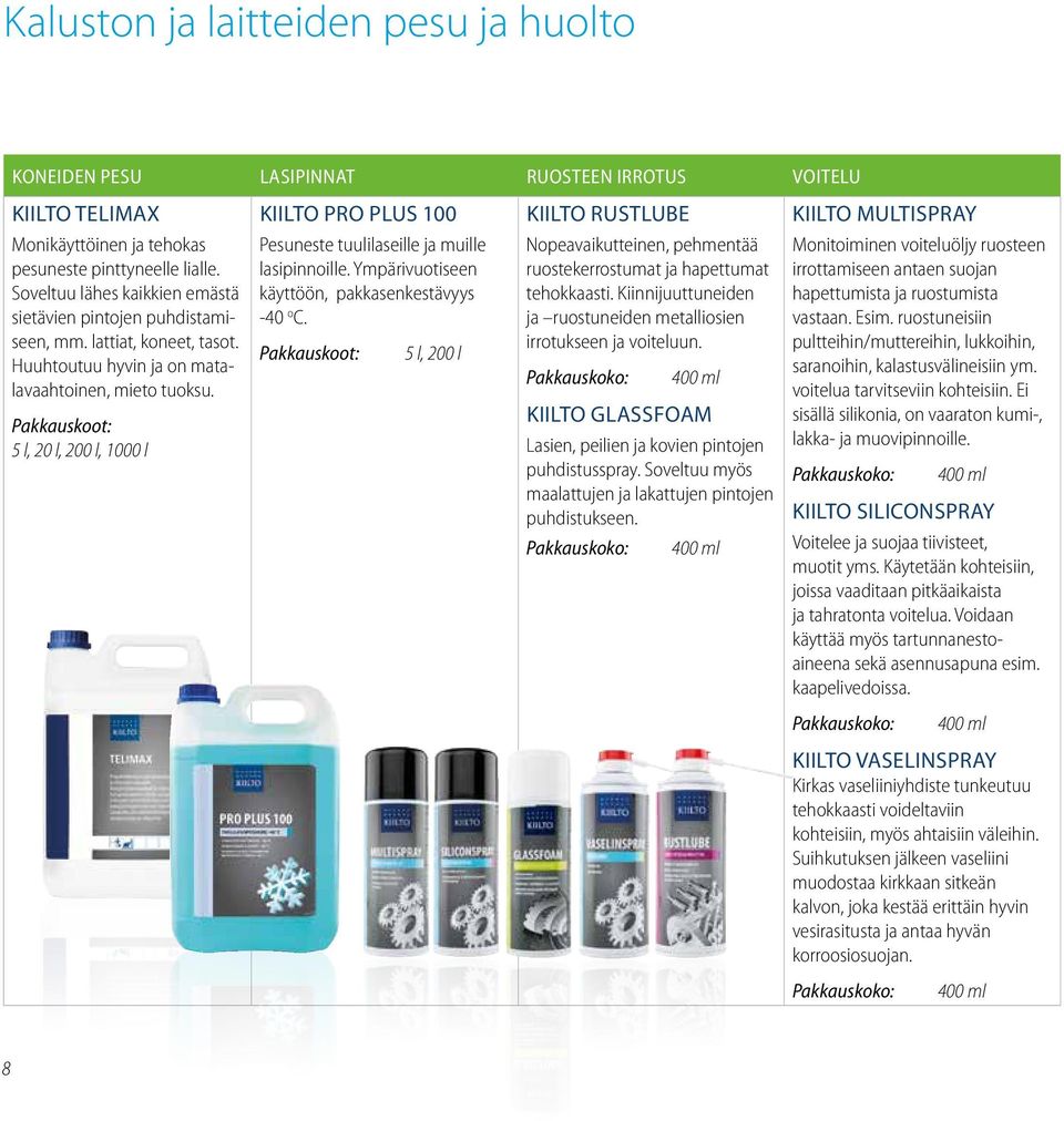 5 l, 20 l, 200 l, 1000 l Pesuneste tuulilaseille ja muille lasipinnoille. Ympärivuotiseen käyttöön, pakkasenkestävyys -40 o C.