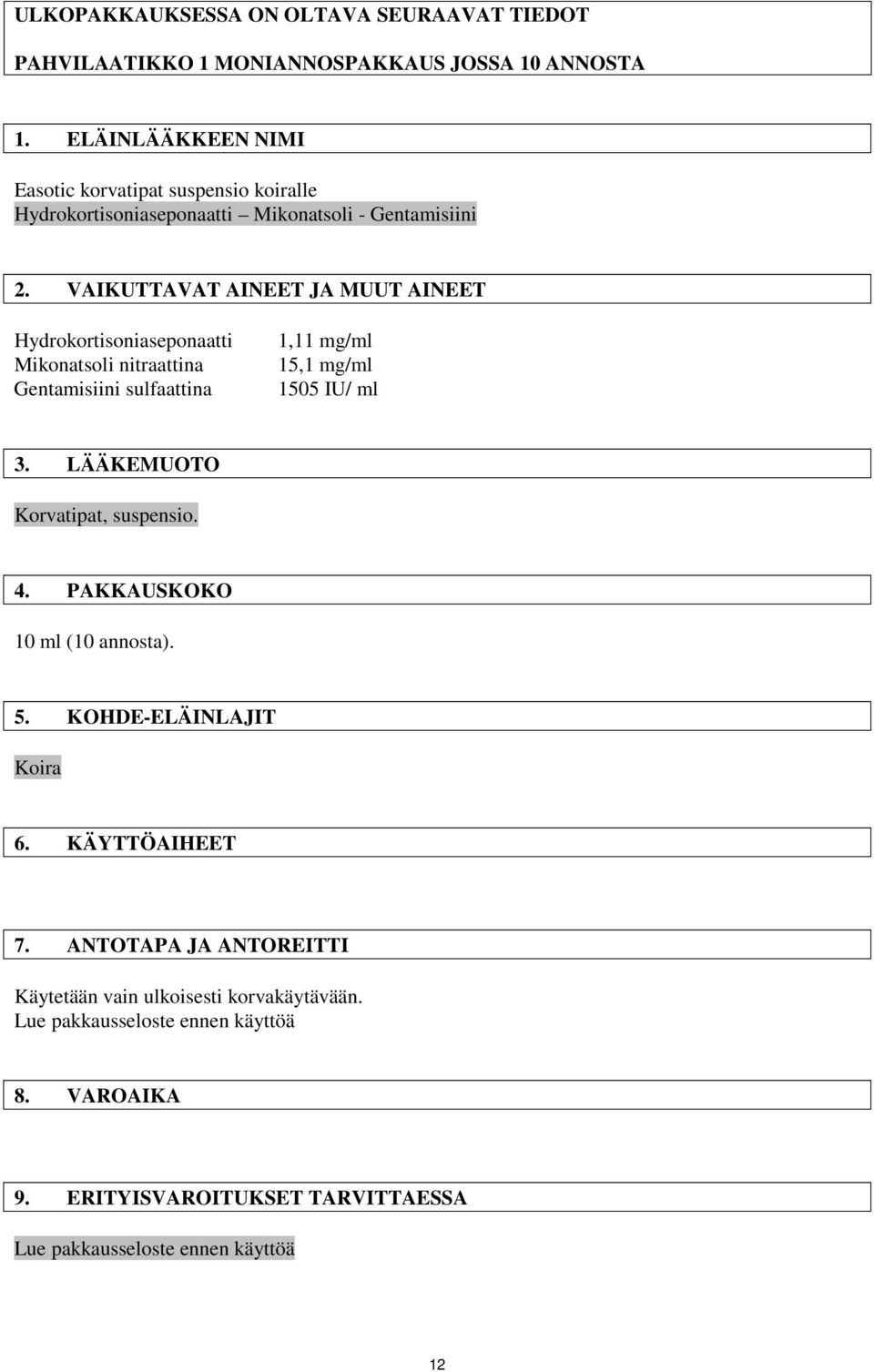 VAIKUTTAVAT AINEET JA MUUT AINEET Hydrokortisoniaseponaatti Mikonatsoli nitraattina Gentamisiini sulfaattina 1,11 mg/ml 15,1 mg/ml 1505 IU/ ml 3.