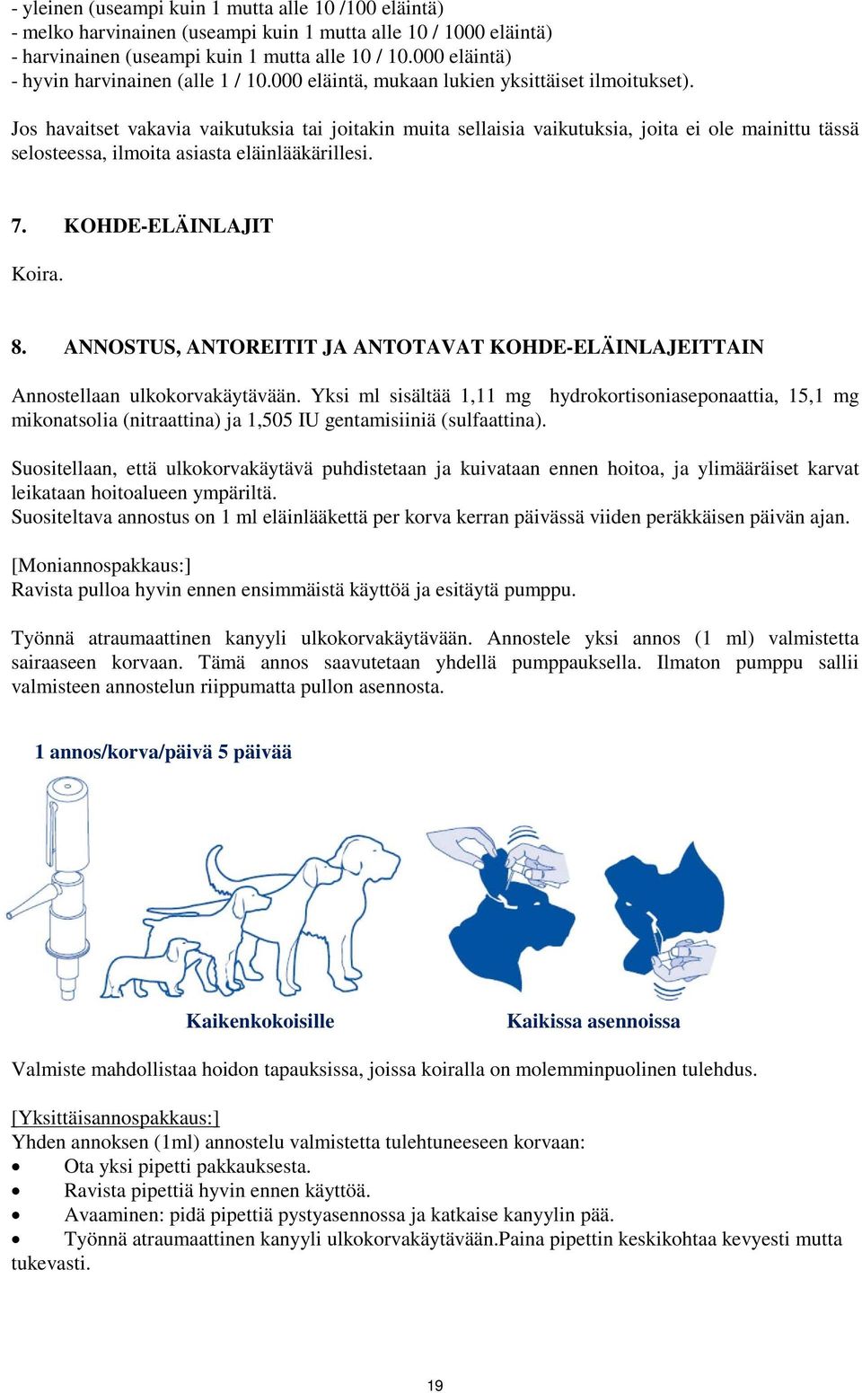 Jos havaitset vakavia vaikutuksia tai joitakin muita sellaisia vaikutuksia, joita ei ole mainittu tässä selosteessa, ilmoita asiasta eläinlääkärillesi. 7. KOHDE-ELÄINLAJIT Koira. 8.