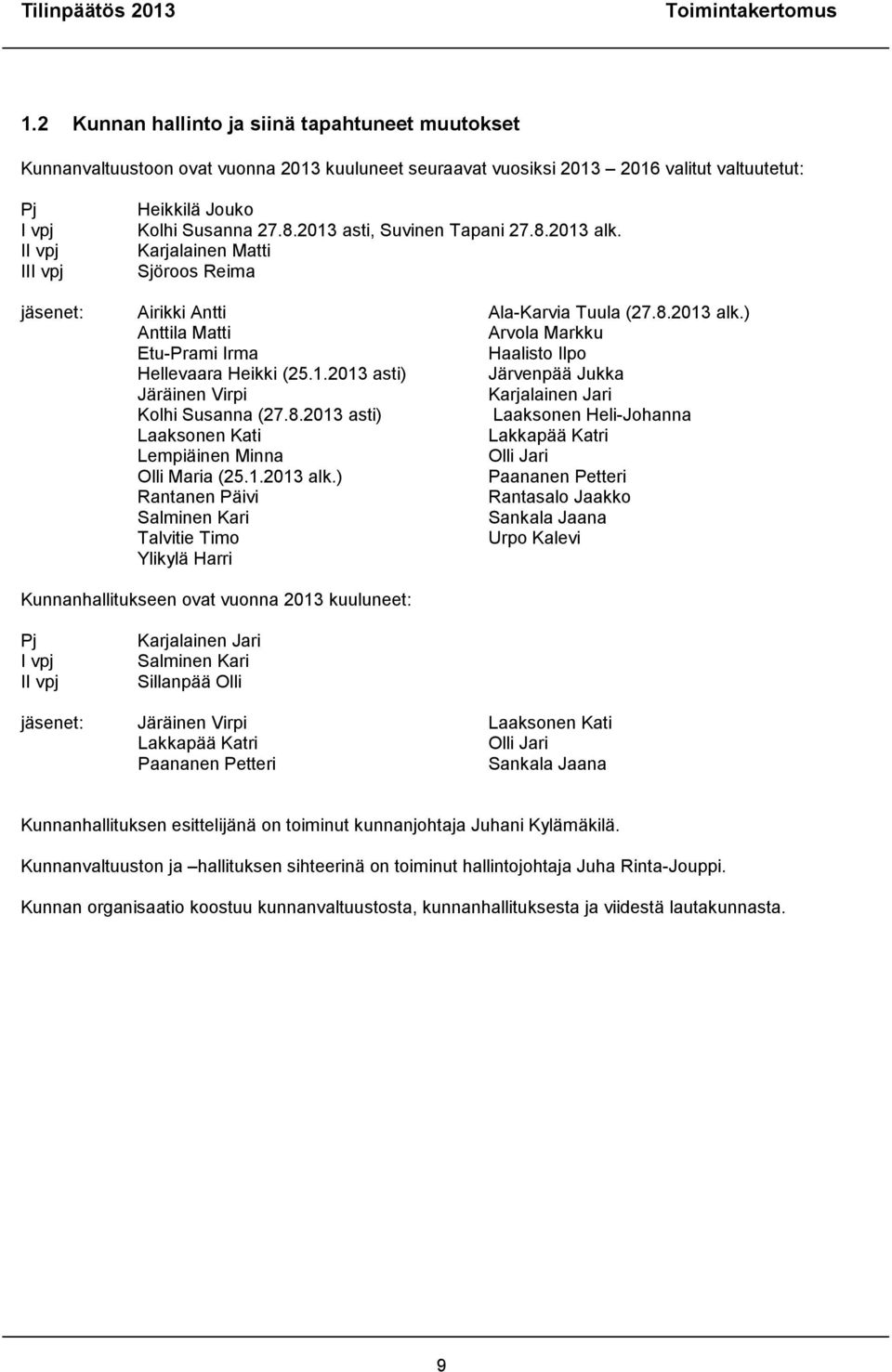 8.2013 asti, Suvinen Tapani 27.8.2013 alk. Karjalainen Matti Sjöroos Reima jäsenet: Airikki Antti Ala-Karvia Tuula (27.8.2013 alk.) Anttila Matti Arvola Markku Etu-Prami Irma Haalisto Ilpo Hellevaara Heikki (25.