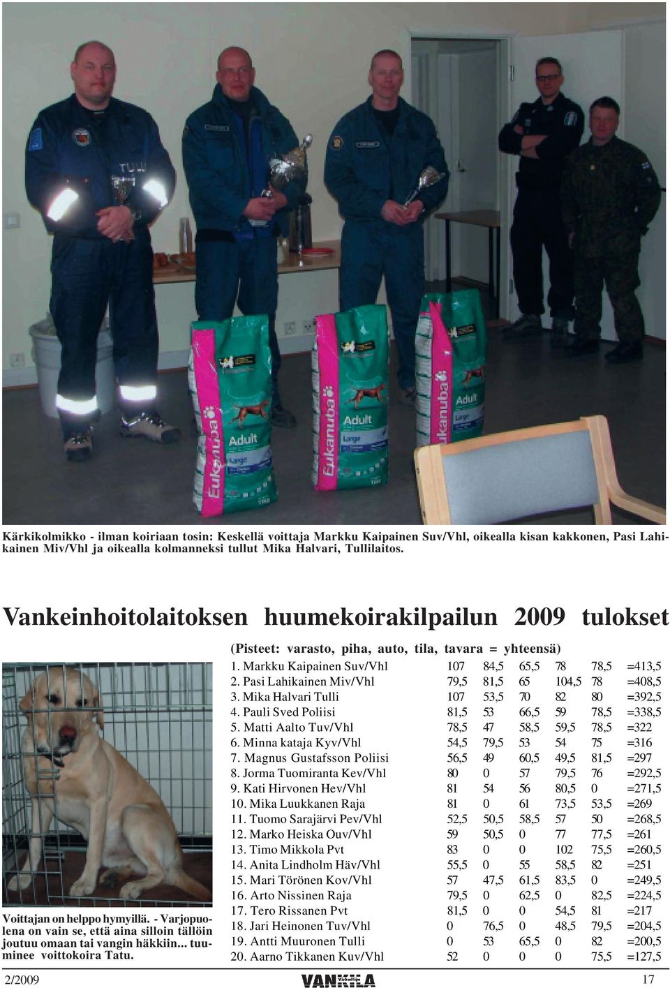 (Pisteet: varasto, piha, auto, tila, tavara = yhteensä) 1. Markku Kaipainen Suv/Vhl 107 84,5 65,5 78 78,5 =413,5 2. Pasi Lahikainen Miv/Vhl 79,5 81,5 65 104,5 78 =408,5 3.