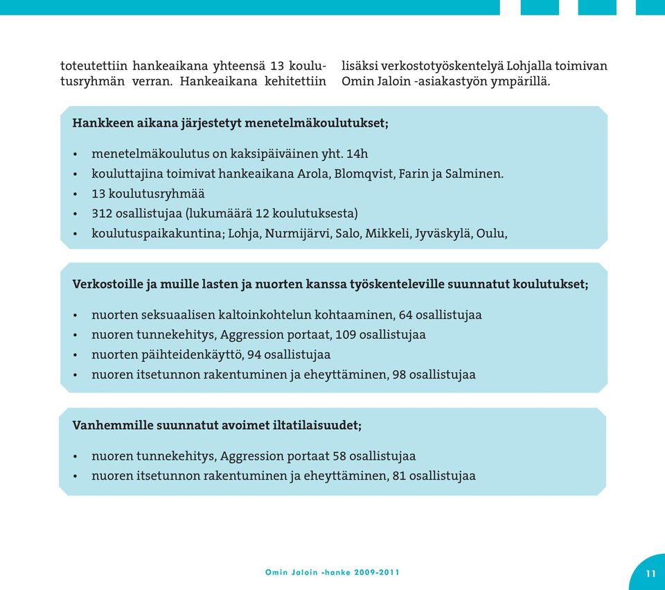 13 koulutusryhmää 312 osallistujaa (lukumäärä 12 koulutuksesta) koulutuspaikakuntina; Lohja, Nurmijärvi, Salo, Mikkeli, Jyväskylä, Oulu, Verkostoille ja muille lasten ja nuorten kanssa