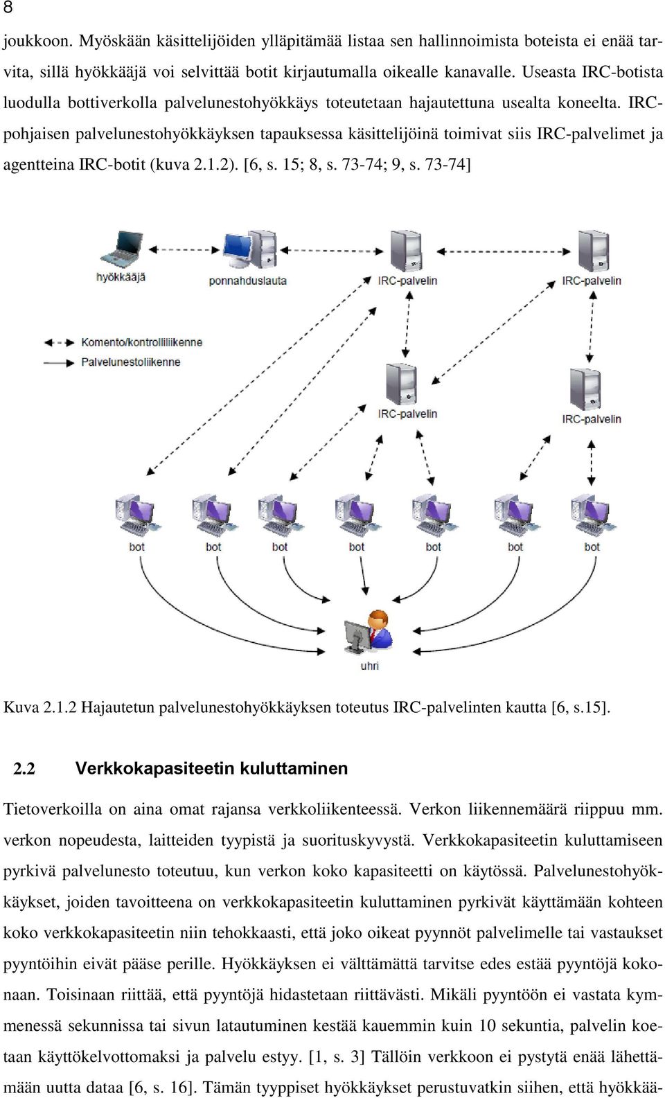 IRCpohjaisen palvelunestohyökkäyksen tapauksessa käsittelijöinä toimivat siis IRC-palvelimet ja agentteina IRC-botit (kuva 2.1.