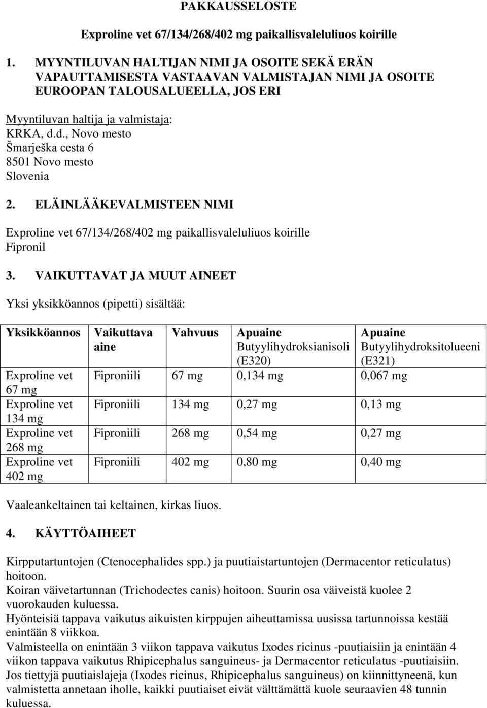 d., Novo mesto Šmarješka cesta 6 8501 Novo mesto Slovenia 2. ELÄINLÄÄKEVALMISTEEN NIMI Exproline vet 67/134/268/402 mg paikallisvaleluliuos koirille Fipronil 3.