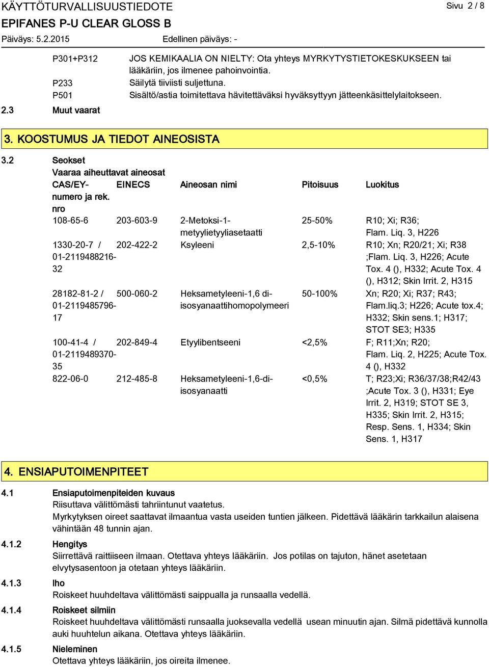 2 Seokset Vaaraa aiheuttavat aineosat CAS/EYnumero EINECS Aineosan nimi Pitoisuus Luokitus ja rek. nro 108-65-6 203-603-9 2-Metoksi-1- metyylietyyliasetaatti 25-50% R10; Xi; R36; Flam. Liq.