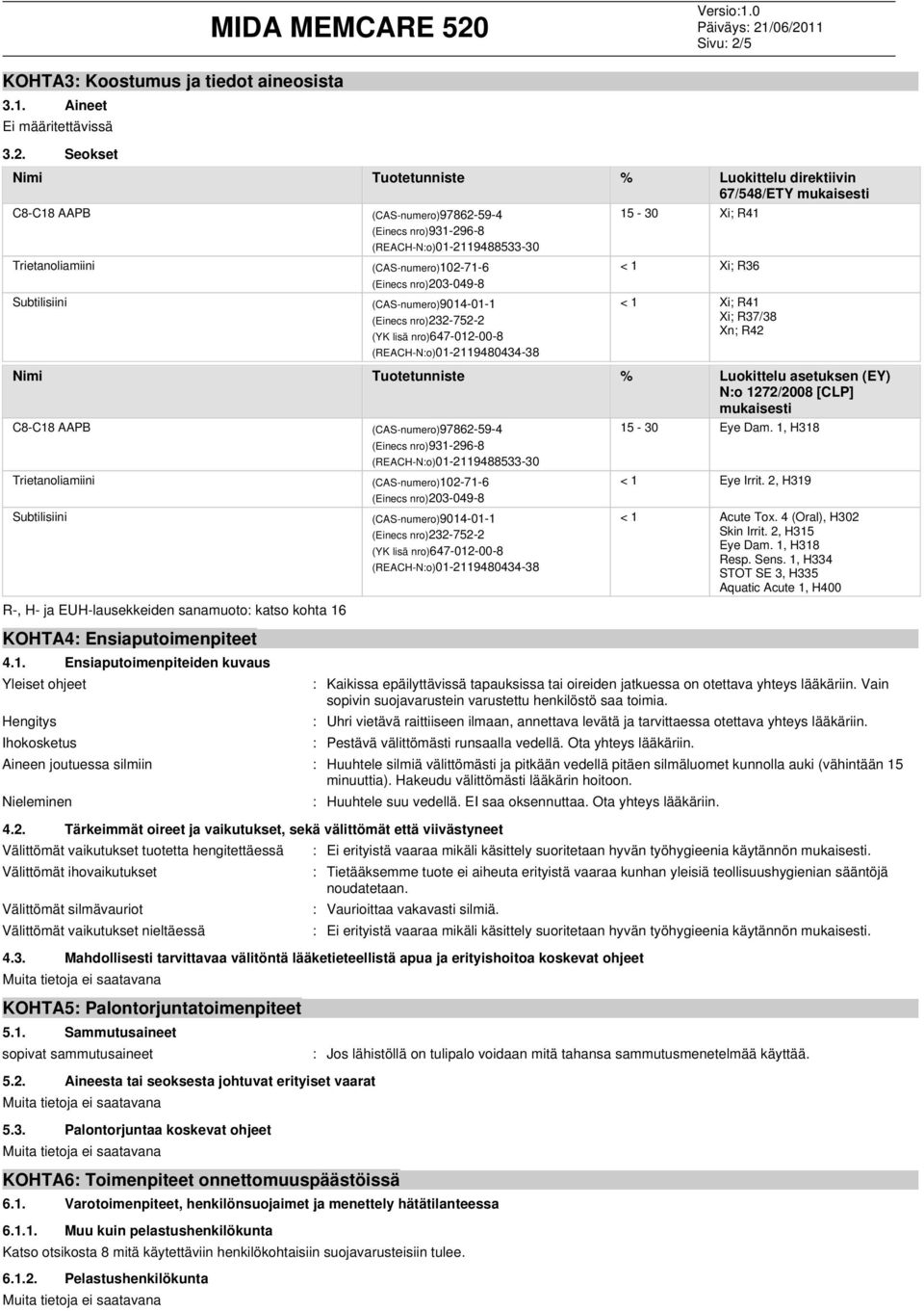 Seokset Nimi Tuotetunniste % Luokittelu direktiivin 67/548/ETY mukaisesti C8-C18 AAPB Trietanoliamiini Subtilisiini (CAS-numero)97862-59-4 (Einecs nro)931-296-8 (REACH-N:o)01-2119488533-30