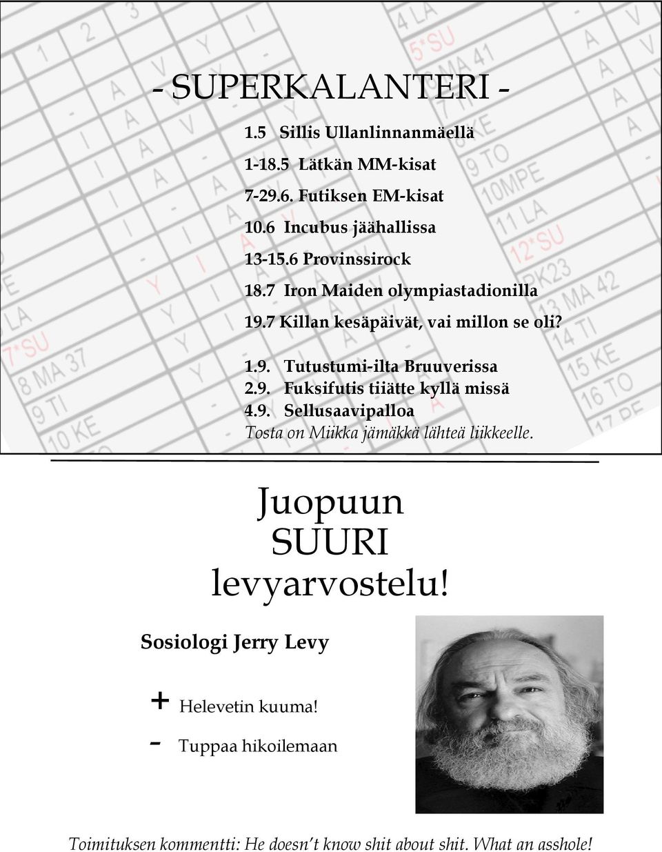 7 Killan kesäpäivät, vai millon se oli? 1.9. Tutustumi-ilta Bruuverissa 2.9. Fuksifutis tiiätte kyllä missä 4.9. Sellusaavipalloa Tosta on Miikka jämäkkä lähteä liikkeelle.