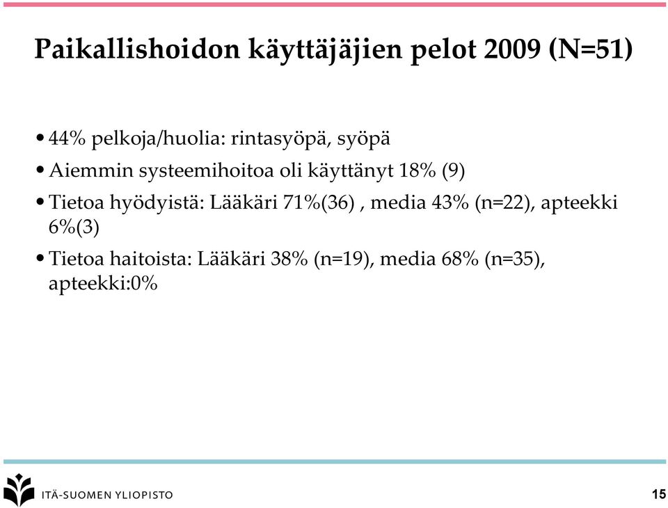 Tietoa hyödyistä: Lääkäri 71%(36), media 43% (n=22), apteekki