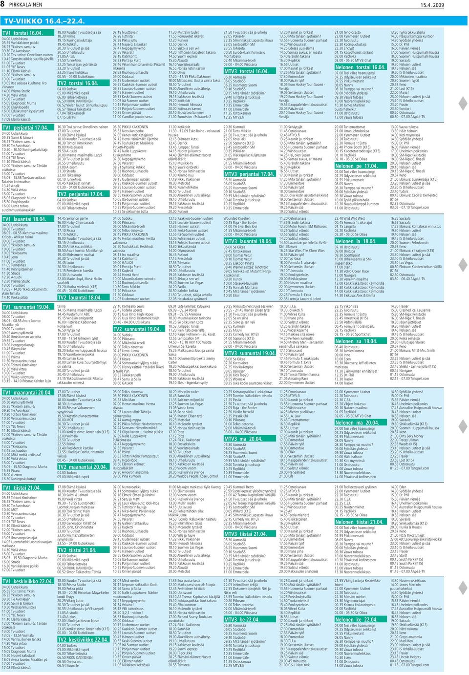 05 Diagnoosi: Murha 15.50 Ensyklopedia 16.00 Eduskunnan kyselytunti 17.08 Elämä käsissä TV1 perjantai 17.04. 05.55 Saimi & Jalmari 06.25 Ykkösen aamu-tv 09.30 Tie Avonleaan 10.20-10.