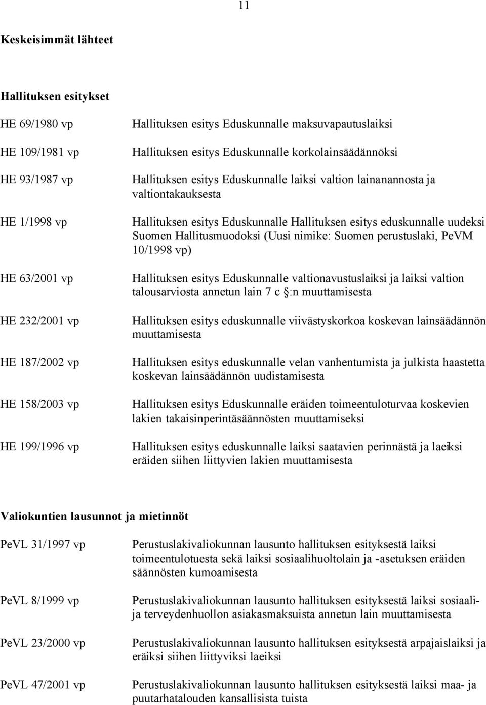 Eduskunnalle Hallituksen esitys eduskunnalle uudeksi Suomen Hallitusmuodoksi (Uusi nimike: Suomen perustuslaki, PeVM 10/1998 vp) Hallituksen esitys Eduskunnalle valtionavustuslaiksi ja laiksi valtion