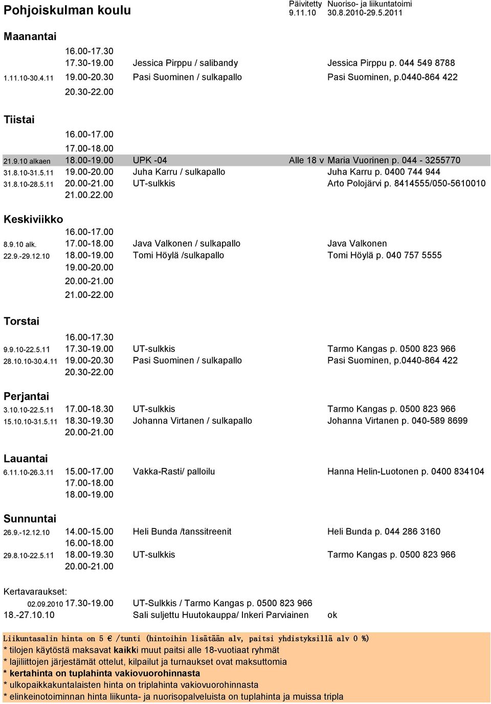 00 Juha Karru / sulkapallo Juha Karru p. 0400 744 944 31.8.10-28.5.11 UT-sulkkis Arto Polojärvi p. 8414555/050-5610010 21.00.22.00 8.9.10 alk. Java Valkonen / sulkapallo Java Valkonen 22.9.-29.12.
