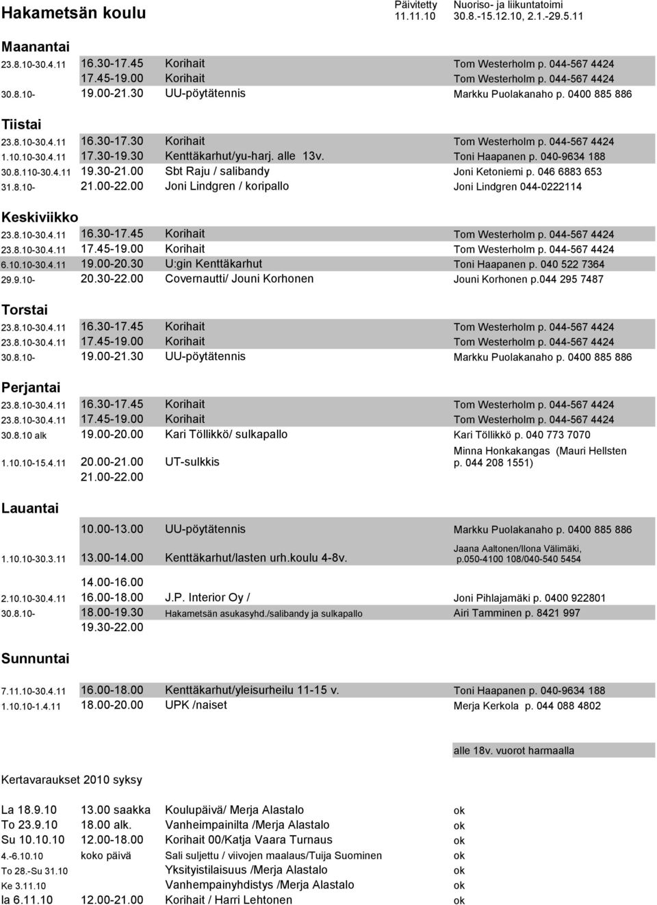 040-9634 188 30.8.110-30.4.11 19.30-21.00 Sbt Raju / salibandy Joni Ketoniemi p. 046 6883 653 31.8.10- Joni Lindgren / koripallo Joni Lindgren 044-0222114 23.8.10-30.4.11 16.30-17.