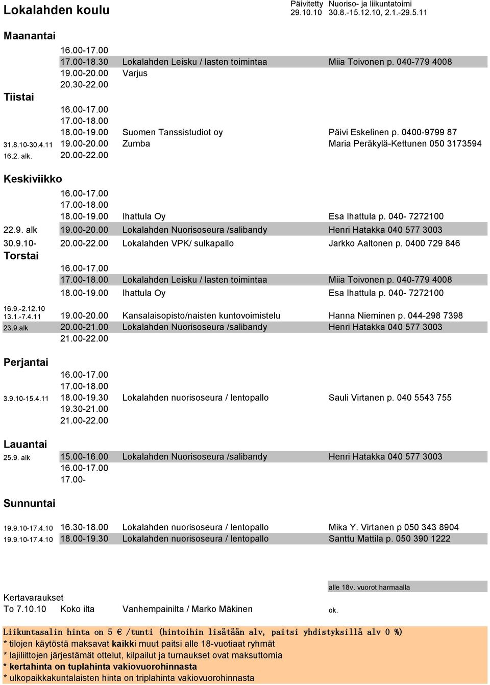 040-7272100 22.9. alk 19.00-20.00 Lokalahden Nuorisoseura /salibandy Henri Hatakka 040 577 3003 30.9.10-20.00-22.00 Lokalahden VPK/ sulkapallo Jarkko Aaltonen p.