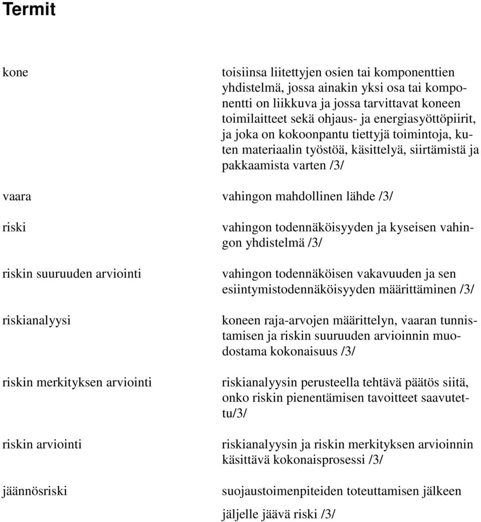 merkityksen arviointi n arviointi jäännös vahingon todennäköisyyden ja kyseisen vahingon yhdistelmä /3/ vahingon todennäköisen vakavuuden ja sen esiintymistodennäköisyyden määrittäminen /3/ koneen