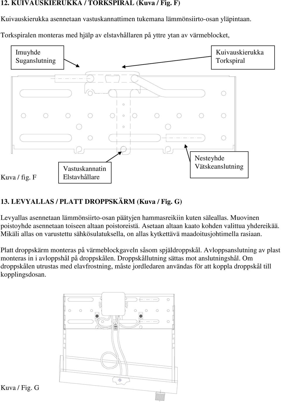 F Vastuskannatin Elstavhållare Nesteyhde Vätskeanslutning 13. LEVYALLAS / PLATT DROPPSKÄRM (Kuva / Fig. G) Levyallas asennetaan lämmönsiirto-osan päätyjen hammasreikiin kuten säleallas.