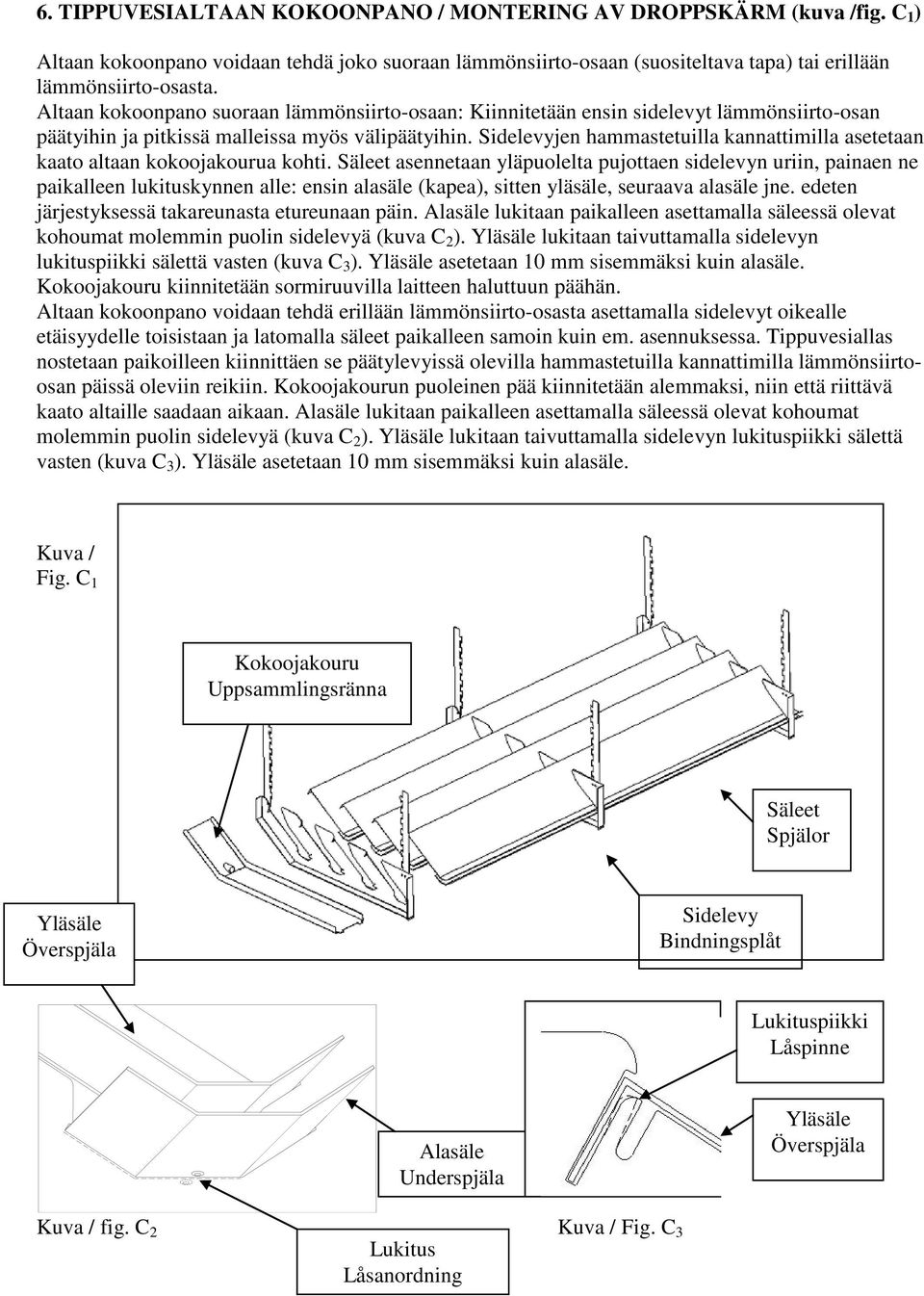 Sidelevyjen hammastetuilla kannattimilla asetetaan kaato altaan kokoojakourua kohti.