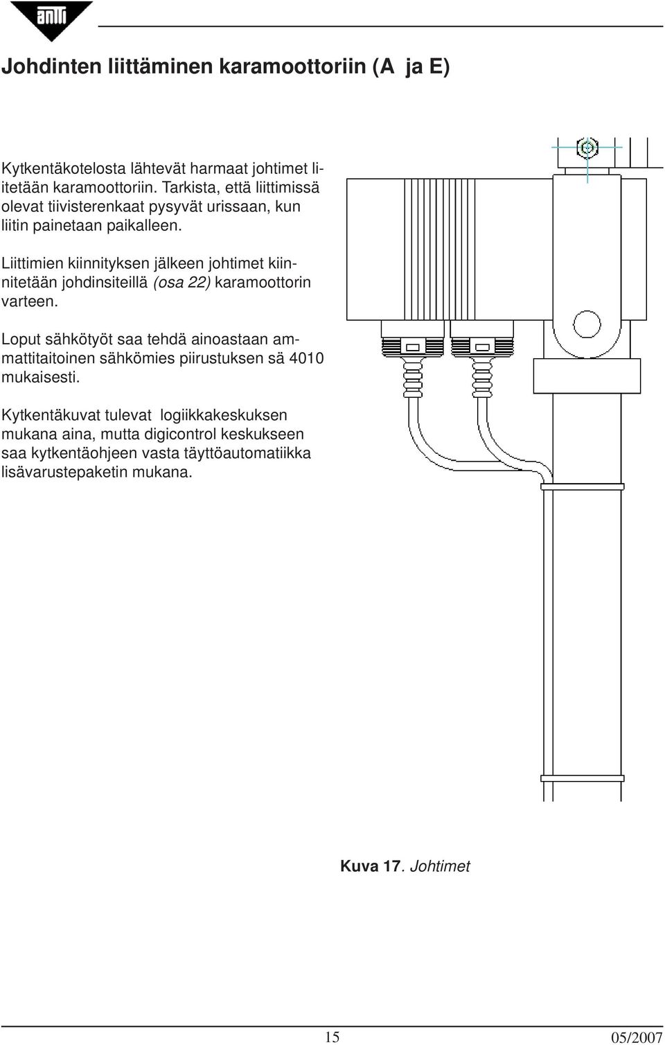 Liittimien kiinnityksen jälkeen johtimet kiinnitetään johdinsiteillä (osa 22) karamoottorin varteen.