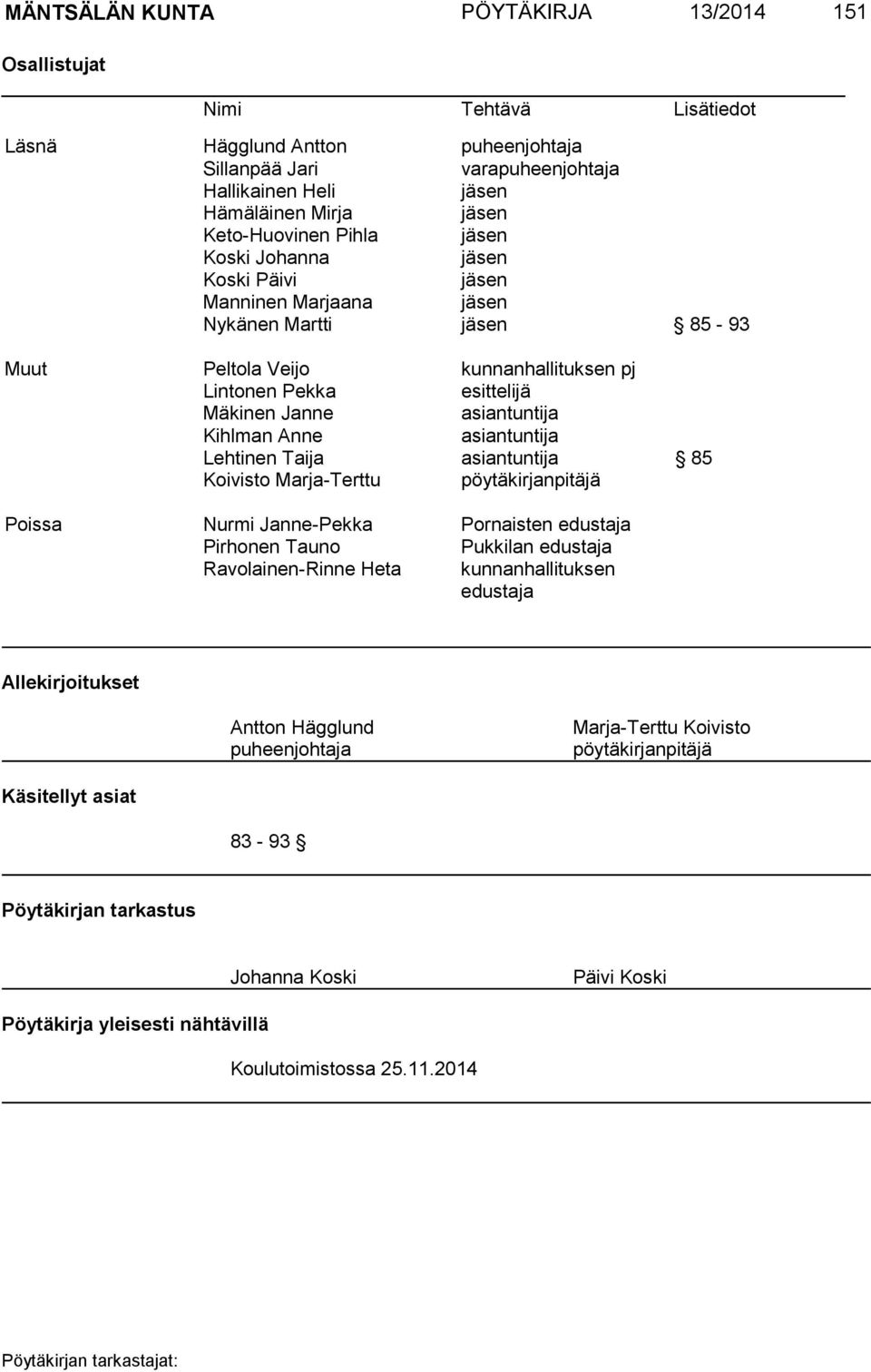 asiantuntija Kihlman Anne asiantuntija Lehtinen Taija asiantuntija 85 Koivisto Marja-Terttu pöytäkirjanpitäjä Poissa Nurmi Janne-Pekka Pornaisten edustaja Pirhonen Tauno Pukkilan edustaja