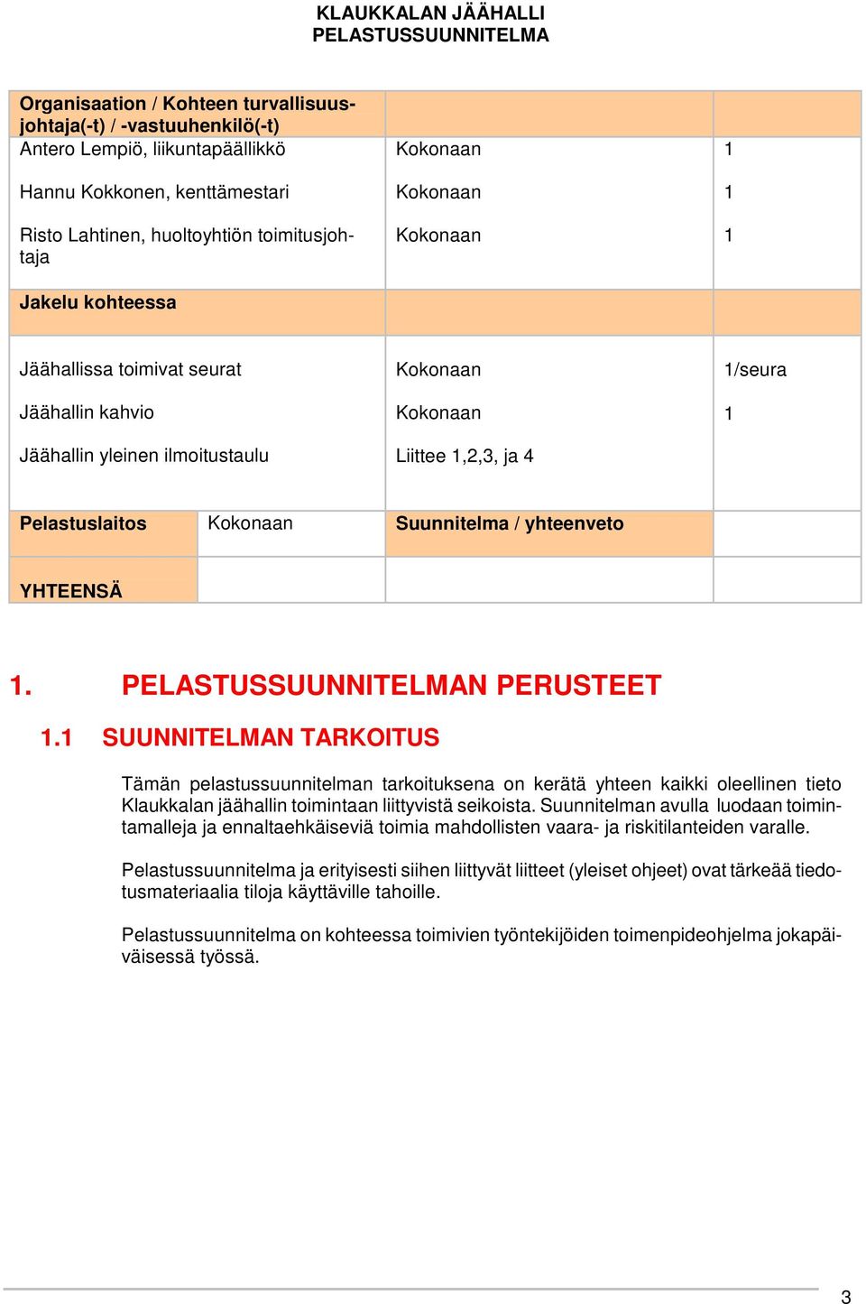 1 SUUNNITELMAN TARKOITUS Tämän pelastussuunnitelman tarkoituksena on kerätä yhteen kaikki oleellinen tieto Klaukkalan jäähallin toimintaan liittyvistä seikoista.