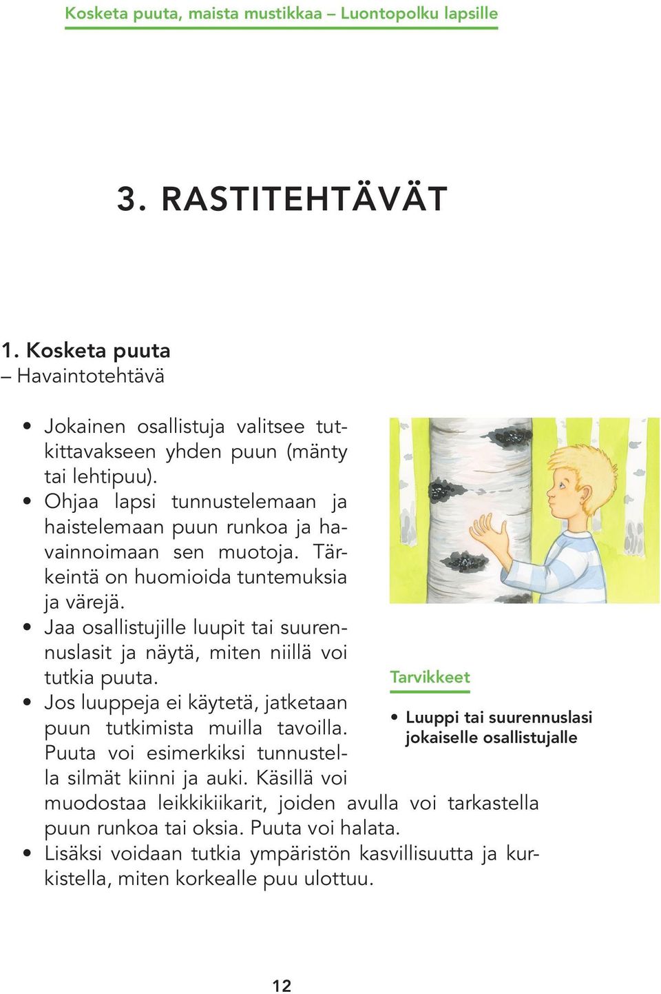 Jaa osallistujille luupit tai suurennuslasit ja näytä, miten niillä voi tutkia puuta. Jos luuppeja ei käytetä, jatketaan puun tutkimista muilla tavoilla.