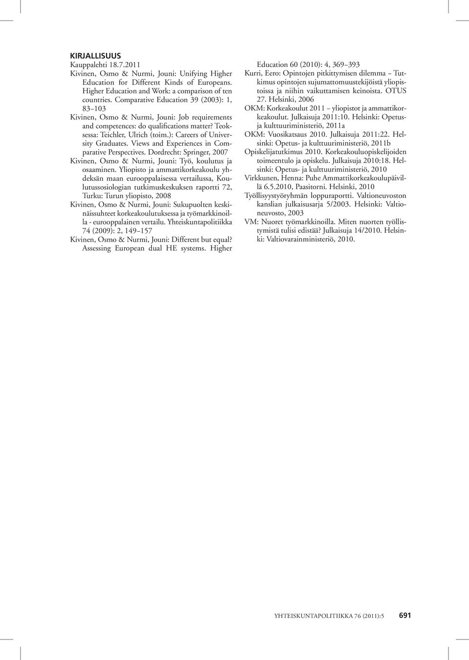 ): Careers of University Graduates. Views and Experiences in Comparative Perspectives. Dordrecht: Springer, 2007 Kivinen, Osmo & Nurmi, Jouni: Työ, koulutus ja osaaminen.