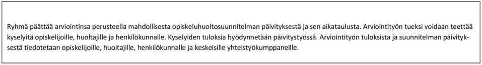 Arviointityön tueksi voidaan teettää kyselyitä opiskelijoille, huoltajille ja henkilökunnalle.