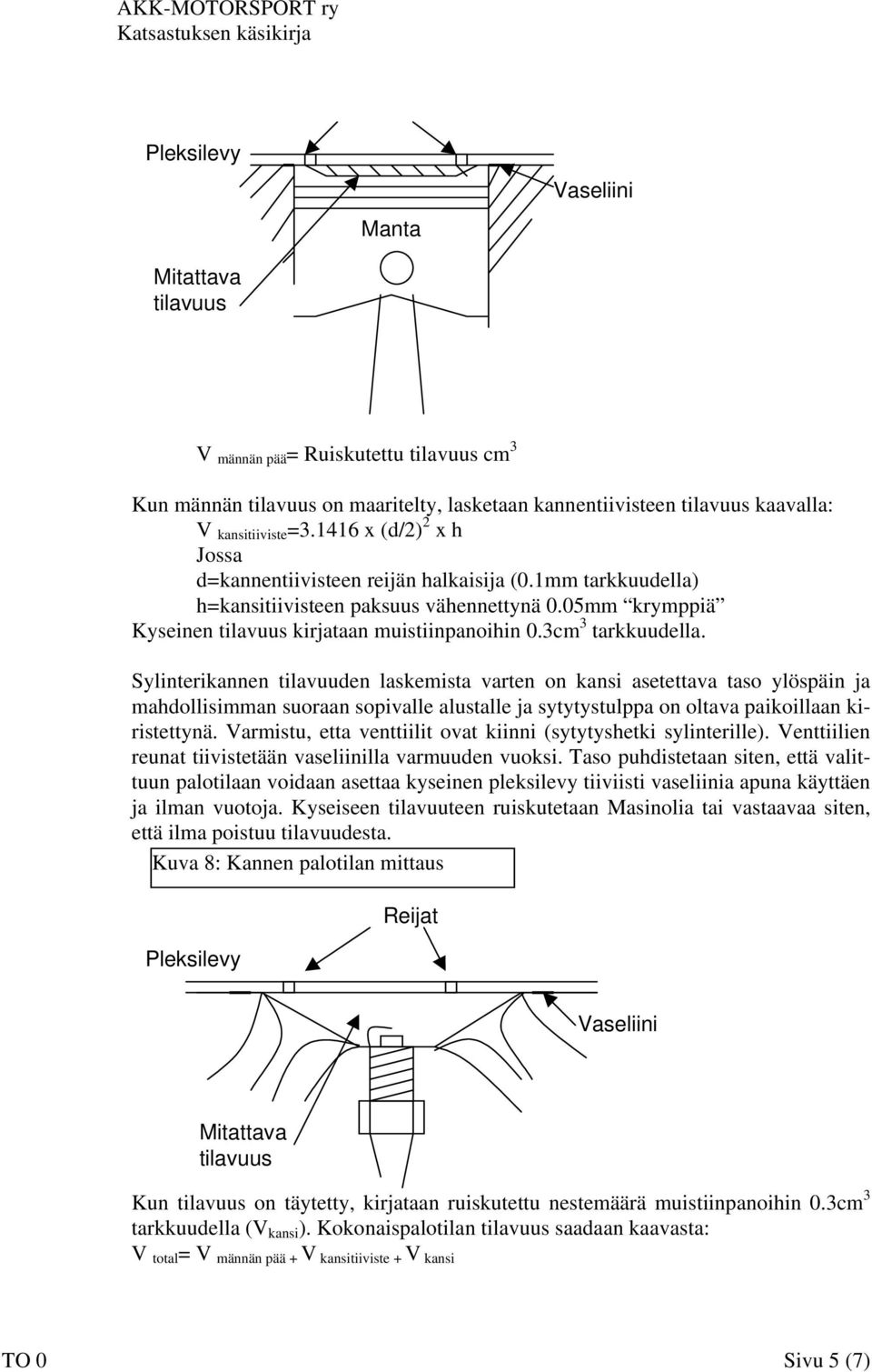 3cm 3 tarkkuudella. Sylinterikannen tilavuuden laskemista varten on kansi asetettava taso ylöspäin ja mahdollisimman suoraan sopivalle alustalle ja sytytystulppa on oltava paikoillaan kiristettynä.