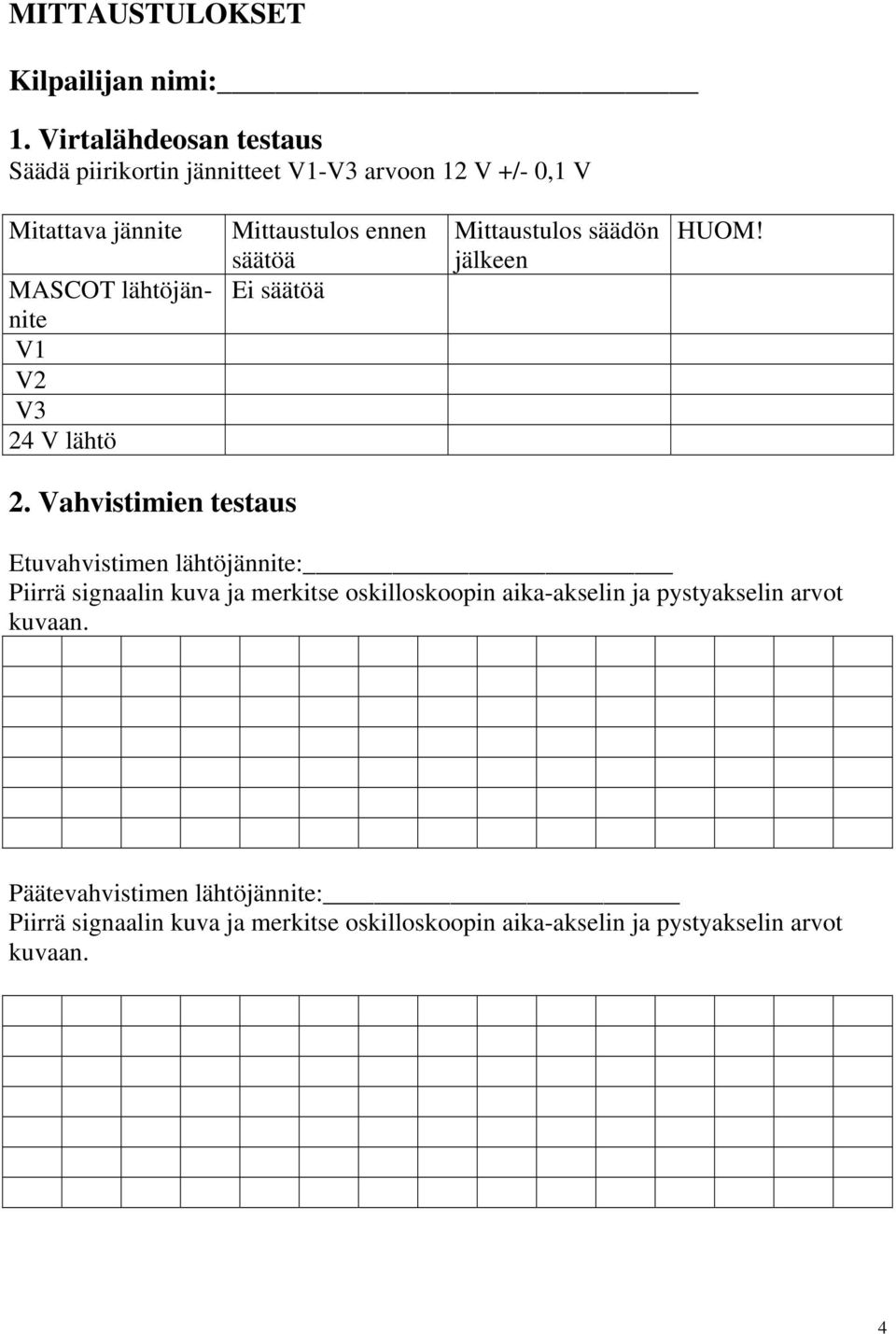 24 V lähtö Mittaustulos ennen säätöä Ei säätöä Mittaustulos säädön jälkeen HUOM! 2.