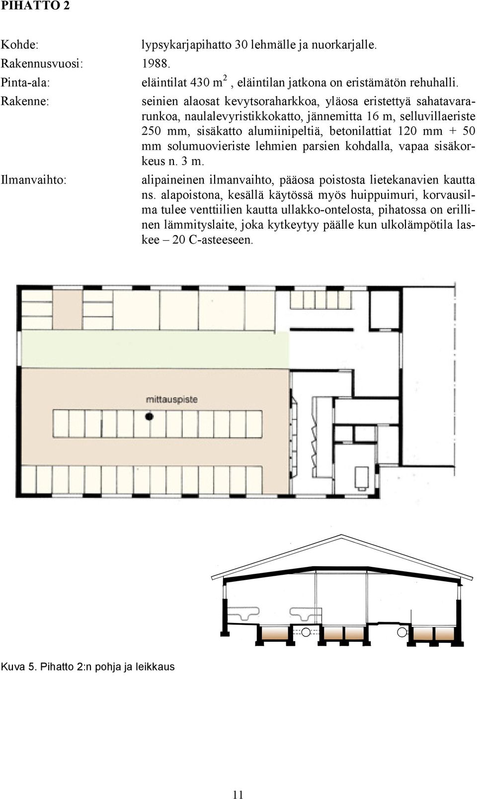 mm + 50 mm solumuovieriste lehmien parsien kohdalla, vapaa sisäkorkeus n. 3 m. Ilmanvaihto: alipaineinen ilmanvaihto, pääosa poistosta lietekanavien kautta ns.