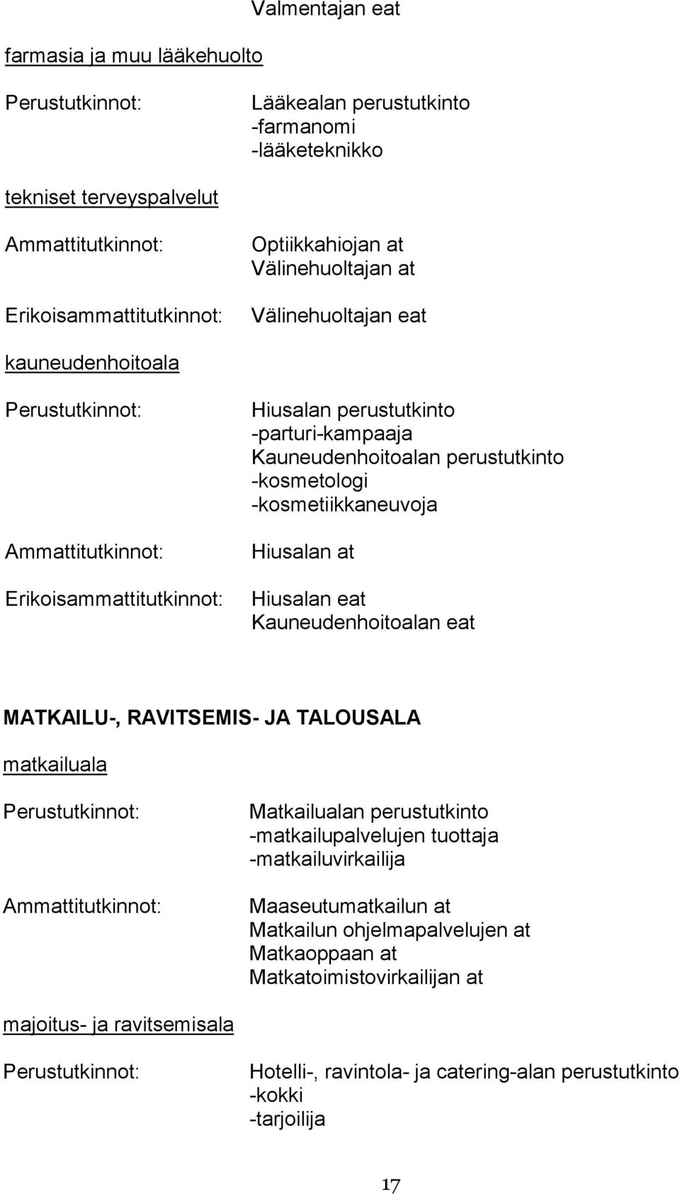 eat Kauneudenhoitoalan eat MATKAILU-, RAVITSEMIS- JA TALOUSALA matkailuala Matkailualan perustutkinto -matkailupalvelujen tuottaja -matkailuvirkailija