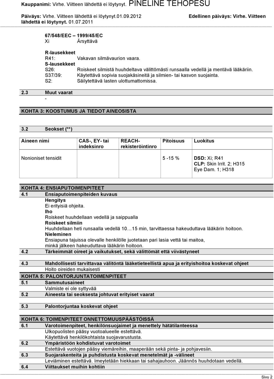 2 Seokset (**) Aineen nimi CAS-, EY- tai indeksinro REACHrekisteröintinro Pitoisuus Luokitus Nonioniset tensidit 5-15 % DSD: Xi; R41 CLP: Skin Irrit. 2; H315 Eye Dam.