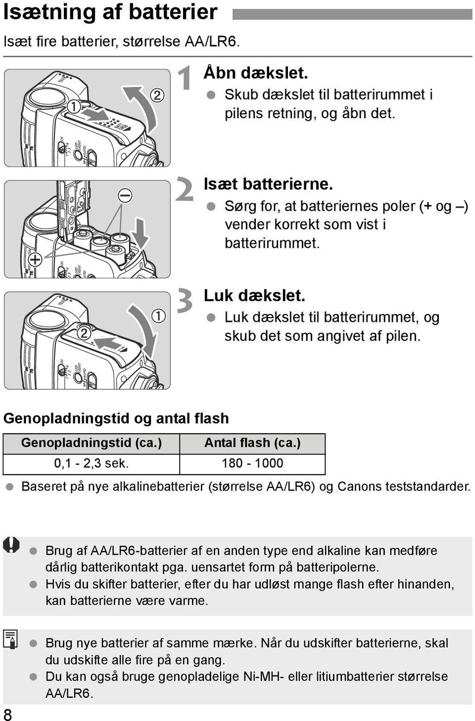 Genopladningstid og antal flash Genopladningstid (ca.) Antal flash (ca.) 0,1-2,3 sek. 180-1000 Baseret på nye alkalinebatterier (størrelse AA/LR6) og Canons teststandarder.