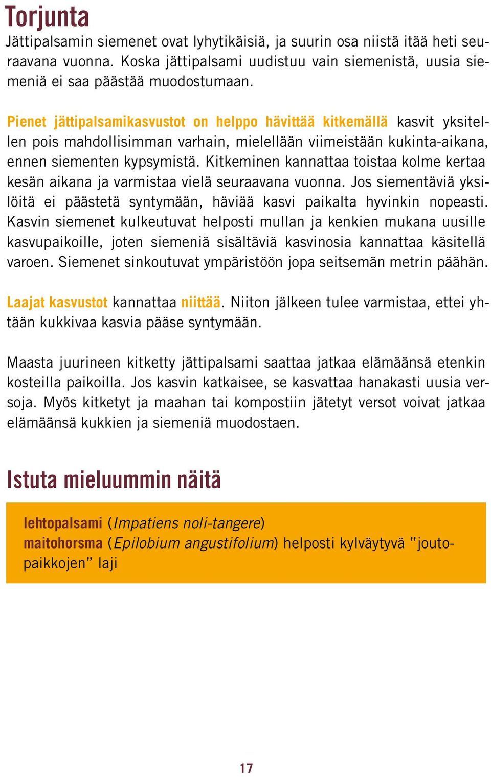 Kitkeminen kannattaa toistaa kolme kertaa kesän aikana ja varmistaa vielä seuraavana vuonna. Jos siementäviä yksi - löitä ei päästetä syntymään, häviää kasvi paikalta hyvinkin nopeasti.
