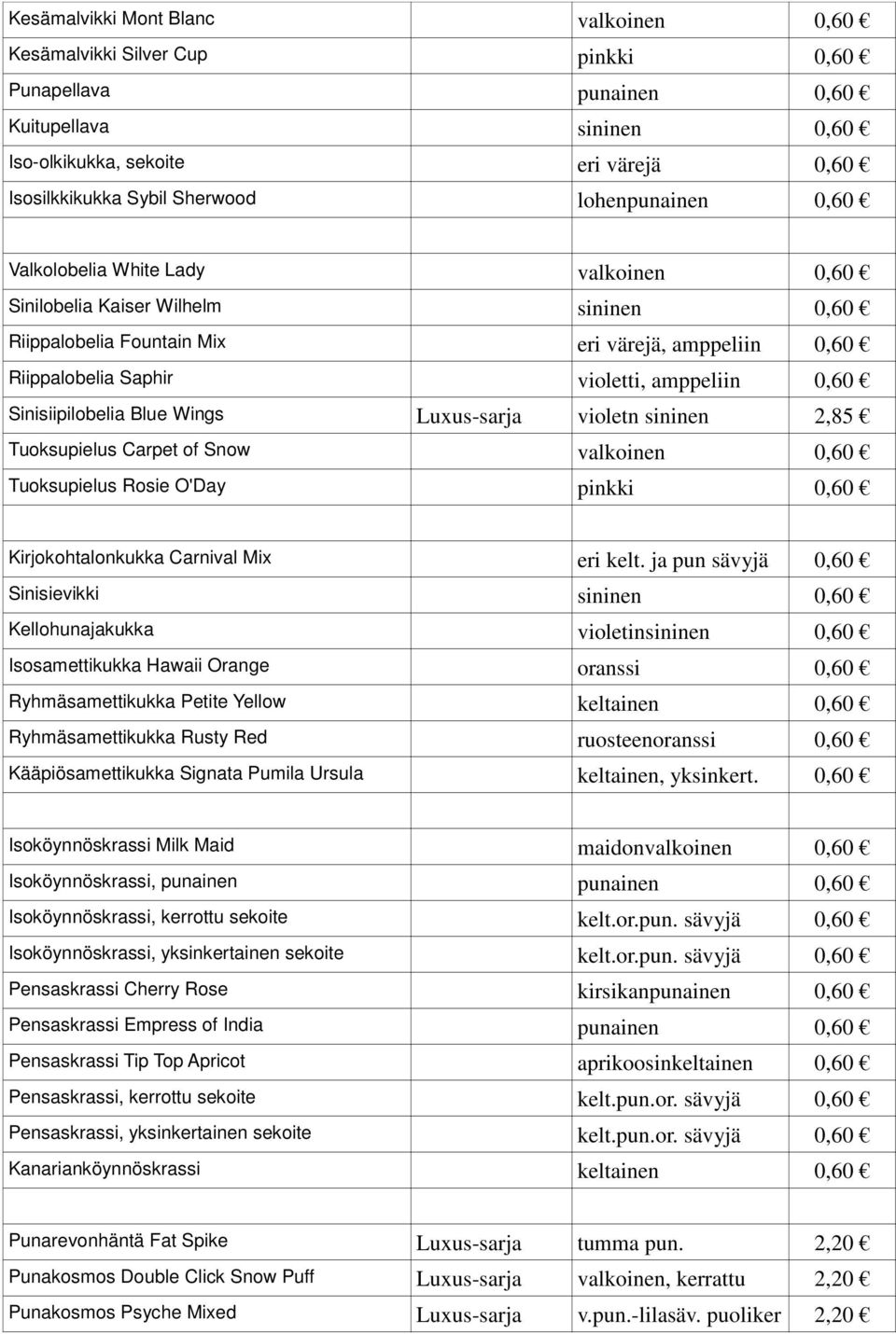 Sinisiipilobelia Blue Wings Luxus-sarja violetn sininen 2,85 Tuoksupielus Carpet of Snow valkoinen 0,60 Tuoksupielus Rosie O'Day pinkki 0,60 Kirjokohtalonkukka Carnival Mix eri kelt.