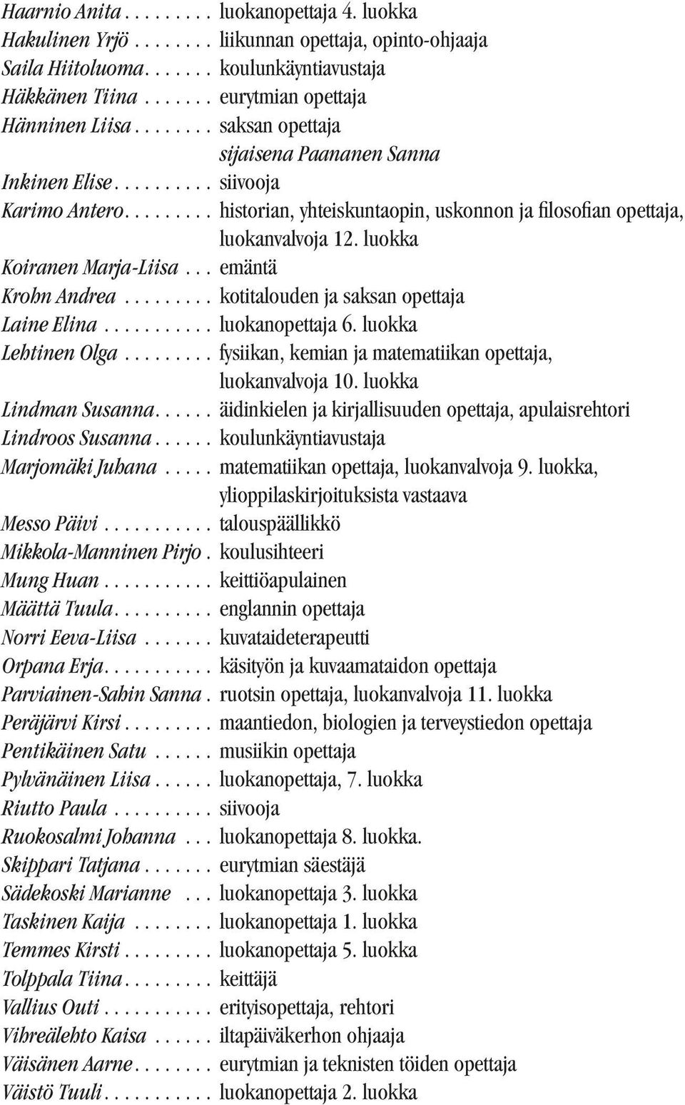 ........ historian, yhteiskuntaopin, uskonnon ja filosofian opettaja, luokanvalvoja 12. luokka Koiranen Marja-Liisa... emäntä Krohn Andrea......... kotitalouden ja saksan opettaja Laine Elina.