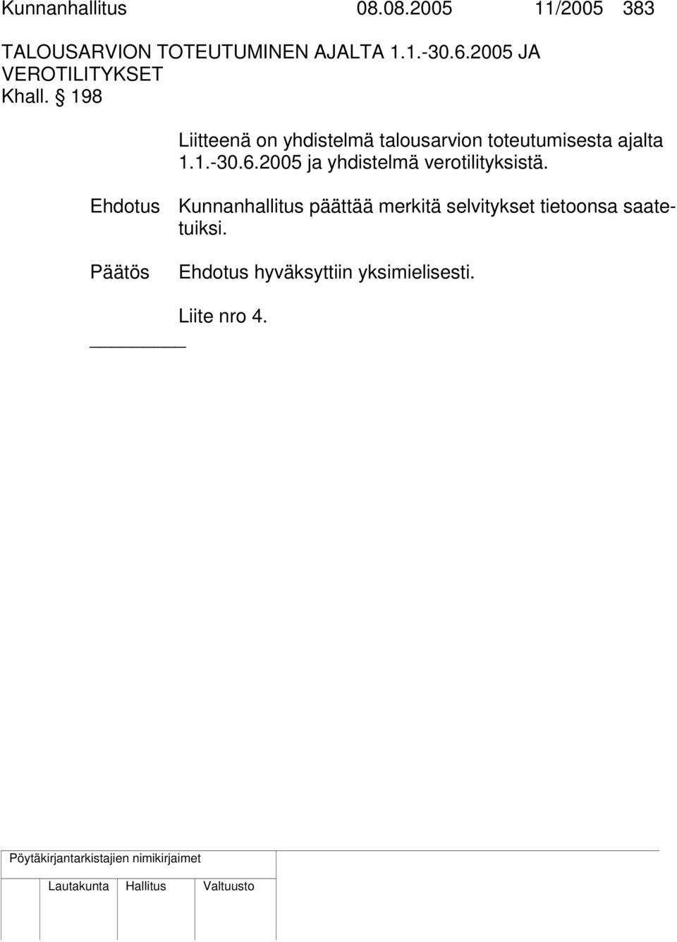 198 Liitteenä on yhdistelmä talousarvion toteutumisesta ajalta 1.1.-30.6.