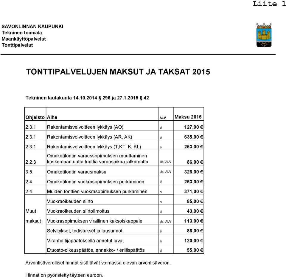 ALV 86,00 3.5. Omakotitontin varausmaksu sis. ALV 326,00 2.4 Omakotitontin vuokrasopimuksen purkaminen ei 253,00 2.