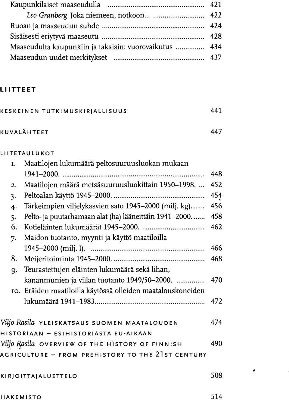 Maatilojen määrä metsäsuuruusluokirtain 1950-1998.... 452 3. Peltoalan käyttö 1945-2000 454 4. Tärkeimpien viljelykasvien sato 1945-2000 (milj. kg) 456 5.